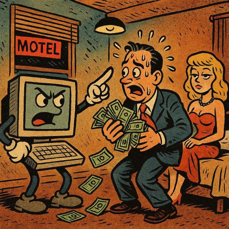 A silly cartoon showing an anthropomorphist computer blackmailing a panicky man who is dropping dollar bills all over the floor while a woman looks on with a lackadaisical expression.