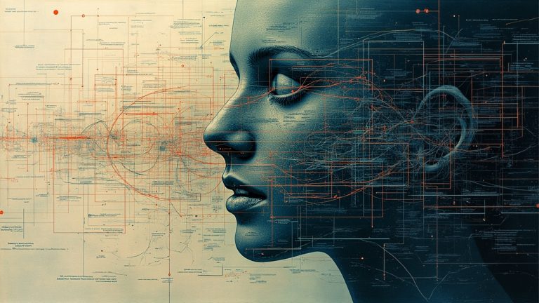 A woman space looking into the side, overlaid with schematic diagrams suggesting emergent machine of consciousness coming into awareness.